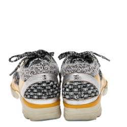 Pre Owned Chanel Multicolor Tweed And Leather Lace Up Sneakers Size 38.5