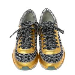Pre Owned Chanel Multicolor Tweed And Leather Lace Up Sneakers Size 38.5