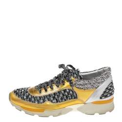 Pre Owned Chanel Multicolor Tweed And Leather Lace Up Sneakers Size 38.5
