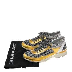 Pre Owned Chanel Multicolor Tweed And Leather Lace Up Sneakers Size 38.5