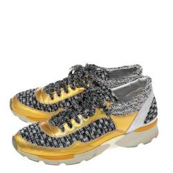 Pre Owned Chanel Multicolor Tweed And Leather Lace Up Sneakers Size 38.5