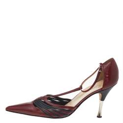 Pre Owned Chanel Red/Black Leather T Strap D'orsay Pumps Size 41