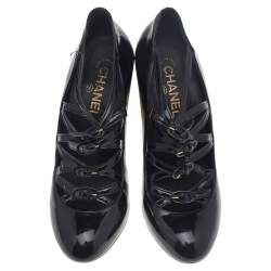 Pre Owned Chanel Black Patent Leather Cage Heel Strappy Pumps Size 39.5