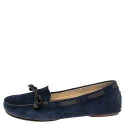 Pre Owned Chanel Navy Blue Suede Bow Detail Loafers Size 39