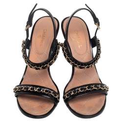 Pre Owned Chanel Black Leather Chain Link Ankle Strap Sandals Size 36