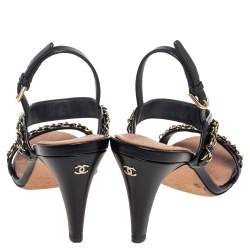 Pre Owned Chanel Black Leather Chain Link Ankle Strap Sandals Size 36