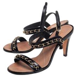Pre Owned Chanel Black Leather Chain Link Ankle Strap Sandals Size 36