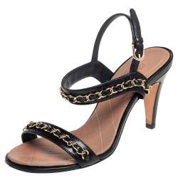 Pre Owned Chanel Black Leather Chain Link Ankle Strap Sandals Size 36