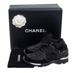 مملوكة مسبقًا Chanel Black Tweed And Leather Lace Up Sneakers Size 36.5