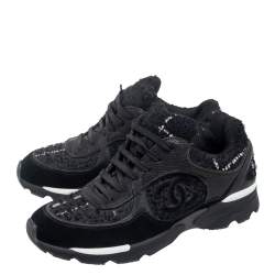 مملوكة مسبقًا Chanel Black Tweed And Leather Lace Up Sneakers Size 36.5