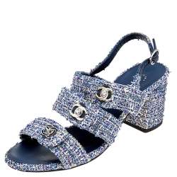 Chanel Blue/White Tweed CC Turn Lock Strappy Slingback Block Heel Sandals  Size 38 Chanel