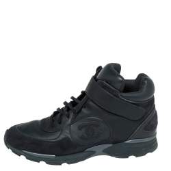 Chanel Navy Blue Leather And Suede CC High Top Sneakers Size 45