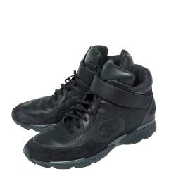 Chanel Navy Blue Leather And Suede CC High Top Sneakers Size 45