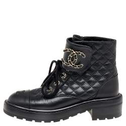 Chanel Black Quilted Leather CC Cap Toe Chain Link Logo Combat Boots Size 38