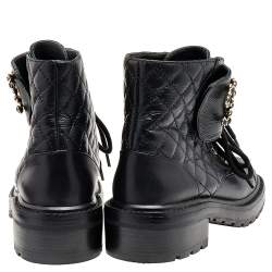 Chanel Black Quilted Leather CC Cap Toe Chain Link Logo Combat Boots Size 38