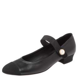 مملوكة مسبقًا حذاء كعب عالي كريستيان لوبوتان ماري جين جلد أسود وقماش صناعي لؤلؤ مزخرف مقدمة منفصلة مقاس 37