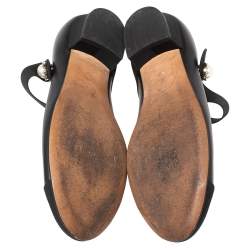 مملوكة مسبقًا حذاء كعب عالي كريستيان لوبوتان ماري جين جلد أسود وقماش صناعي لؤلؤ مزخرف مقدمة منفصلة مقاس 37