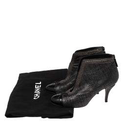 Chanel Black Shimmery Suede And Patent Leather CC Cap Toe Ankle Boots Size 38