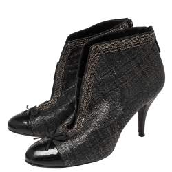 Chanel Black Shimmery Suede And Patent Leather CC Cap Toe Ankle Boots Size 38
