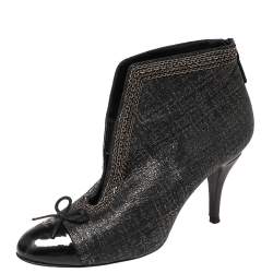 Chanel Black Shimmery Suede And Patent Leather CC Cap Toe Ankle Boots Size 38