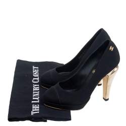 مملوكة مسبقًا Chanel Black Fabric Cap Toe Metal Heel Platform Pumps Size 35.5