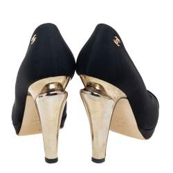 مملوكة مسبقًا Chanel Black Fabric Cap Toe Metal Heel Platform Pumps Size 35.5