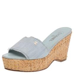 Chanel Blue Fabric Open Toe Raffia Wedge Platform Slide Sandals Size 38.5