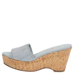 Chanel Blue Fabric Open Toe Raffia Wedge Platform Slide Sandals Size 38.5
