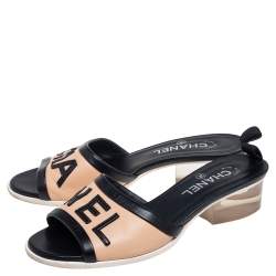 Pre Owned Chanel Black/Beige Leather Logo Slide Sandals Size 38.5