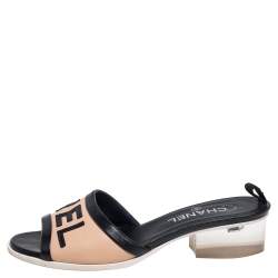 Pre Owned Chanel Black/Beige Leather Logo Slide Sandals Size 38.5