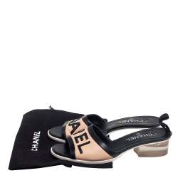 Pre Owned Chanel Black/Beige Leather Logo Slide Sandals Size 38.5