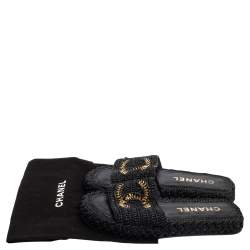 Pre Owned صندل سلايد شانيل فلات سي سي متشابكين رافيا مغزول أسود مقاس 38