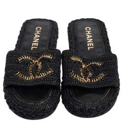 Pre Owned صندل سلايد شانيل فلات سي سي متشابكين رافيا مغزول أسود مقاس 38