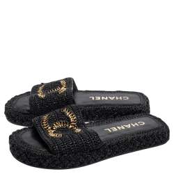 Pre Owned صندل سلايد شانيل فلات سي سي متشابكين رافيا مغزول أسود مقاس 38