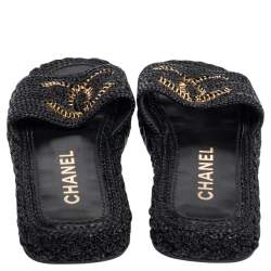 Pre Owned صندل سلايد شانيل فلات سي سي متشابكين رافيا مغزول أسود مقاس 38