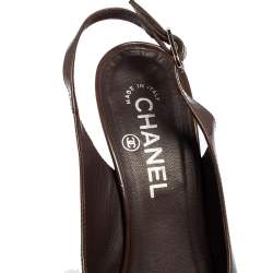 Chanel Olive Brown Patent Leather Peep Toe Slingback Platform Sandals Size 37.5