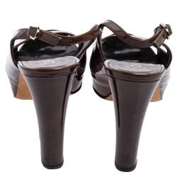 Chanel Olive Brown Patent Leather Peep Toe Slingback Platform Sandals Size 37.5