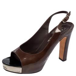 Chanel Olive Brown Patent Leather Peep Toe Slingback Platform Sandals Size 37.5