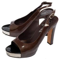 Chanel Olive Brown Patent Leather Peep Toe Slingback Platform Sandals Size 37.5