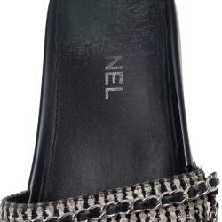 Pre Owned صندل سلايد شانيل تروبيكونيك تويد أسود/رصاصي مزين بسلسلة مقاس 40