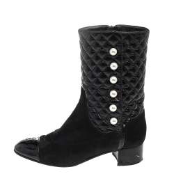 Chanel Black Quilted Nubuck Leather And Aged Leather CC Mid Calf Boots Size 39