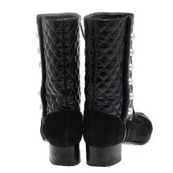 Chanel Black Quilted Nubuck Leather And Aged Leather CC Mid Calf Boots Size 39