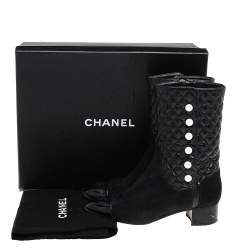 Chanel Black Quilted Nubuck Leather And Aged Leather CC Mid Calf Boots Size 39