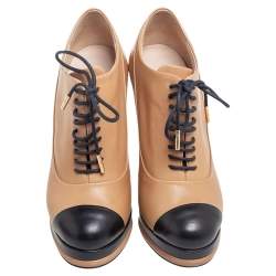 Chanel Beige/Black Leather Cap Toe Platform Ankle Boots Size 37.5
