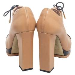 Chanel Beige/Black Leather Cap Toe Platform Ankle Boots Size 37.5