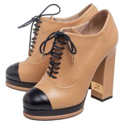 Chanel Beige/Black Leather Cap Toe Platform Ankle Boots Size 37.5