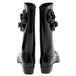 Pre Owned Chanel Black Camellia  Rubber Rain Boots Size 38
