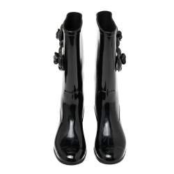 Pre Owned Chanel Black Camellia  Rubber Rain Boots Size 38