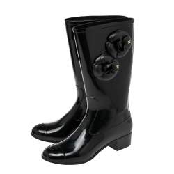 Pre Owned Chanel Black Camellia  Rubber Rain Boots Size 38