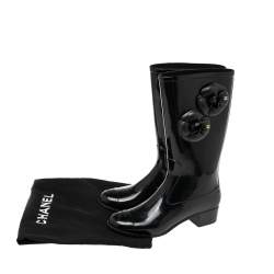 Pre Owned Chanel Black Camellia  Rubber Rain Boots Size 38